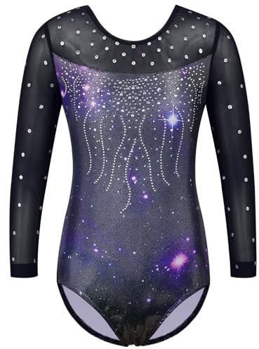 ZNYUNE Langärmeliger Gymnastikanzug für Mädchen, glitzernd, Tanzen, athletischer Gymnastikanzug für Mädchen, 285, Marineblau, Galaxy 14A