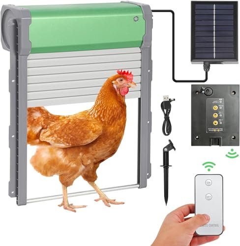 UKSUNVI Automatische Hühnerstalltür mit Solarenergie, Aluminium-Hühnerstalltür,Lichtsensor, Timer, Fernbedienung, Elektrische Hühnerklappe Automatisch Hühnertür Rollladen Tür