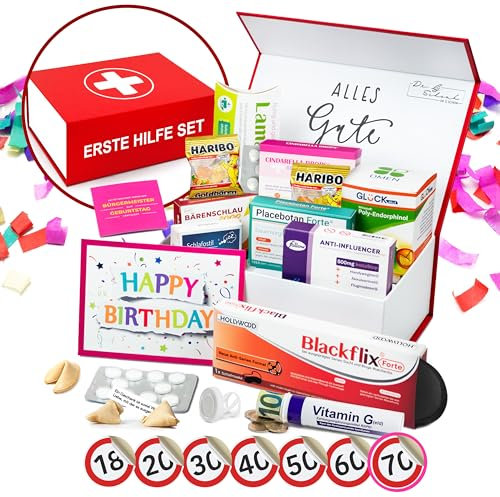 Lustiges Erste Hilfe Set - Geschenkbox - 12-teilig - Witziges Geburtstagsgeschenk zum 70. Geburstatg mit vielfältigem Inhalt - für Männer und Frauen inkl. Geldgeschenk, Sticker und Geburtstagkarte