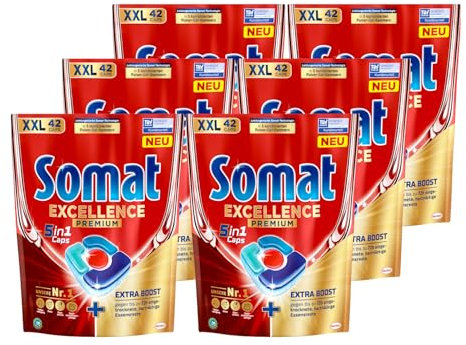 Somat Excellence Premium 5 in 1, 252 tappi (6 x 42 caps), pastiglie per lavastoviglie ad alta risoluzione con extra Boost, i tappi Somat rimuovono anche i residui di cibo secchi e ostinati