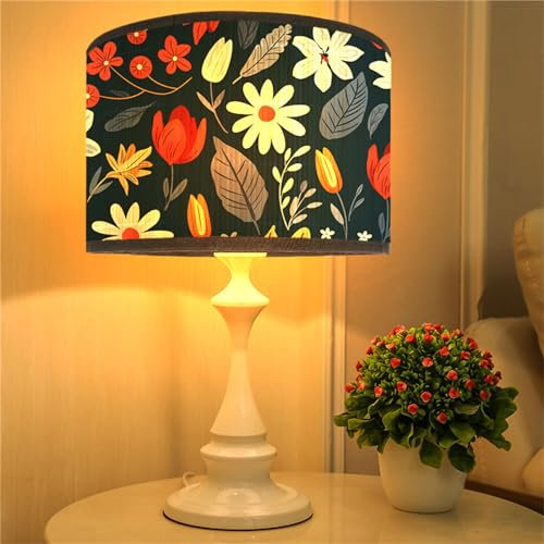 Morbuy Abat-Jour en Bambou Cylindrique, Motif Fleurs, pour Lampe de Table, Diamètre 30cm, Détachable (Fleurs Rouges)