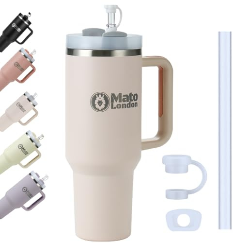 Mato London 40oz Tumbler with Straw & Handle, Insulated Travel Cup, 1.2L | Leakproof BPA-Free Lid, Keeps Cold 24H & Hot 8H, Dishwasher Safe, Fits Cup Holders, Great Gift