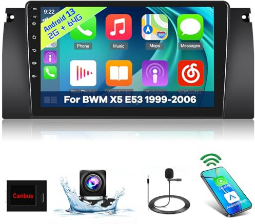 [2+64G] Android 13 Car Stereo para BMW X5 E53 E39 M5 E38 1999-2006 con Carplay Inalámbricas y Android Auto - 9 Pulgadas de Pantalla Táctil Radio con WiFi GPS DSP SWC + Cámara de Marcha Atrás