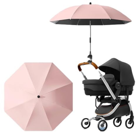 Universeller UV-Sonnenschirm für Kinderwagen und Buggy, 2024, zum Anklippen, für Kinderwagen, Sonnenschirm mit verstellbarer Befestigungsklemme, Rosa, 85 cm