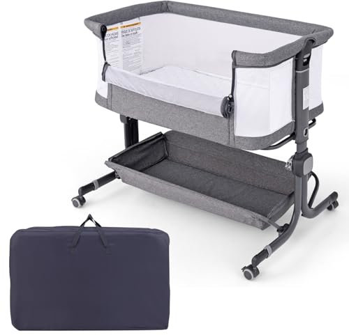 COSTWAY 3 in 1 Beistellbett, Reisebett Baby mit Matratze, Babybett 6 Fach höhenverstellbar mit Aufbewahrungskorb & Tragetasche, tragbarer Stubenwagen mit Rollen für Baby bis 6 Monaten (Dunkelgrau)