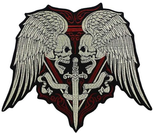 1 Pack Large Iron on Skull Wings Sword Patches - Motorcycle Badges for Biker Jacket
