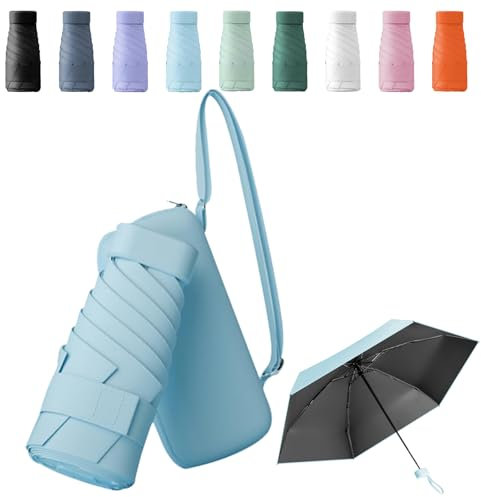 Sykerout Mini Regenschirm - Kompakter Taschenschirm, Faltbarer Reise-UV-Schirm Mit Kartenhalter und Seil (Blau)
