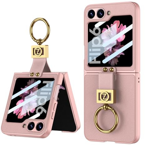 CUBTEM Coque pour Samsung Galaxy Z Flip 6 avec Support à Anneau, Couverture Magnétique pour Charnière, Protection Transparente, en PC avec Protection Avant Intégrée, étui Tout-en-Un (02-Rose)