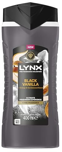 Lynx Fine Fragrance Collection Black Vanilla Premium Body Wash Body Cleanser shower gel with a vanilla, orange & sandalwood scent for 12 hours of freshness 400 ml