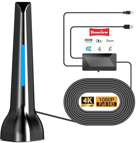 TV Aerial - High Gain Freeview TV Aerial with Signal Booster, Digital HDTV Aerial Indoor for 560+ Miles Long Range Reception, Support 4K 1080P VHF/UHF/DAB Radio and All TV