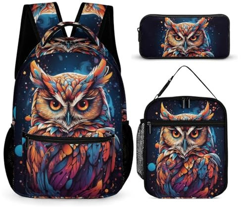 Zelbuck Eule Schultasche Rucksack Set, Geeignet Für Teenager-Schultaschen, Kinderschultaschen, Backpack, Schulrucksack Mit Lunchpaket Tasche Und Pencil Case (Farbe1,32 * 43 * 15cm)