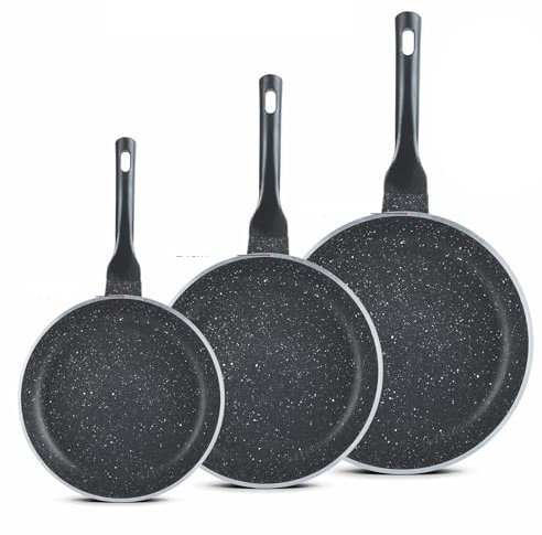 GRACE KITCHEN Cookware = 3PC Frying Pan Set – 20cm, 24cm & 28cm – Non Stick Frying Pan for Induction Hob, Deep Frying Pan with Marble Coating, Soft-Touch Handle, Durable Aluminum Body