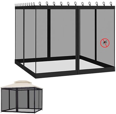 Large Mosquito Net Outdoor Gazebo, Gazebo Mosquito Netting Curtains 4 Panel Mesh Sidewalls, Outdoor Universal Replacement Screen Fly Net Canopy with Zipper 4 Doors (Black, 12' x 12')