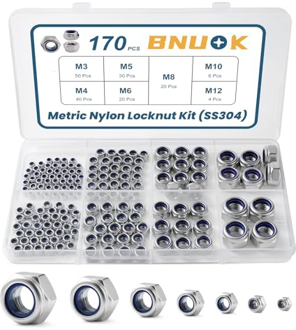 BNUOK 170PCS Metric Lock Nuts Assortment Kit, M3 M4 M5 M6 M8 M10 M12 Nylon Insert Locknuts Set, 304 Stainless Steel Self-Locking Nuts