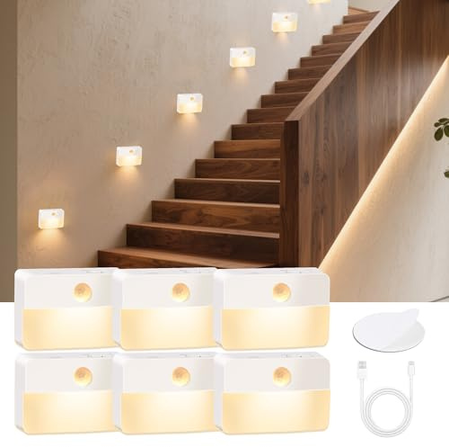Motion Sensor Night Light for Indoor: 6 Pack Rechargeable Stair Lights LED 35 Lumen 3000k Step Lights with Magnetic Suck - Motion Sensor Lamp for Cabinet Closet Hallway Bedroom Stairs (Rechargeable)