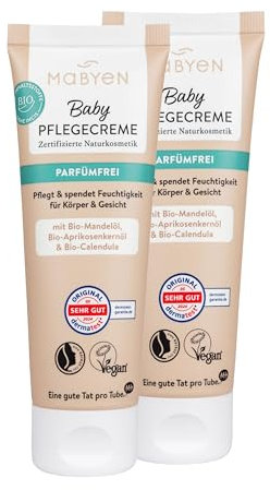 MABYEN Set di 2 creme per la cura del bambino (2 x 75 ml), senza profumo, con olio di mandorle biologiche, cosmetici naturali certificati, vegani, cura delicata per la pelle sensibile del bambino