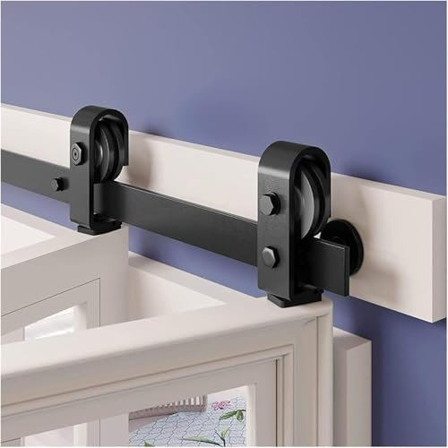 Rails en acier inoxydable Kit de quincaillerie for porte de grange coulissante pliante, kit de rails à roulettes noirs for 2 portes de placard, facile à installer, solide et robuste(100cmfor 2 Doors)