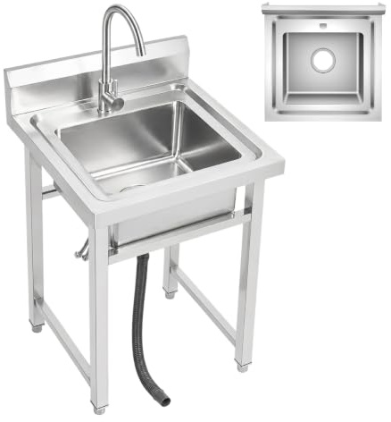 Mqwdxzfes Lavello Autoportante Acciaio Inox 50x50 cm, Lavandino Commerciale con Rubinetto 360° Rotabile, Singolo Lavello, Grande Lavello per Cucina Esterno Ristorante Bar Campeggio