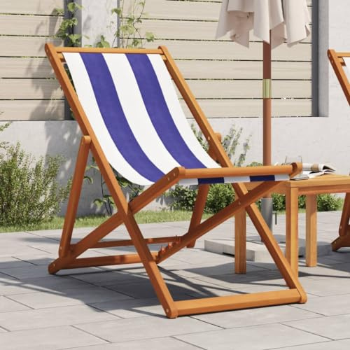 Mandloder Strandstuhl Klappbar Blau Weiß Eukalyptus Massivholz Öl-Finish, Verstellbarer Garten Liegestuhl, 110kg Belastbarkeit, Faltbarer Stuhl für Terrasse Balkon Gartenmöbel