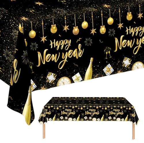 2 Stück Tischdecke Silvester 2026 - Elegante Tischdecke in Schwarz & Gold für Partydeko, Neujahr & Festtage - Ideal als Deko zum Jahreswechsel (A)