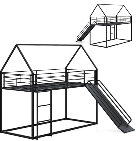 LIFEZEAL Struttura Letto a Soppalco 90x200cm, per Bambini, Adulti, con Sponda, Rete in Metallo, Scivolo, Scale, Spaizo, Forma di Casa, Letto a Castello Montessori, per Cameretta, Dormitorio (nero)