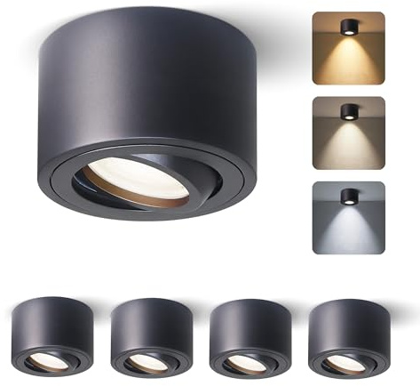4er Set Aufbauspot Schwarz, LED Aufbaustrahler Deckenstrahler, IP65 für Badezimmer, 5W 520lm Warmweiß 3000K / Neutralweiß 4000K / Kaltweiß 6000K, aus Aluminium, Ø80x50mm, LED Modul 230V, CRI90+