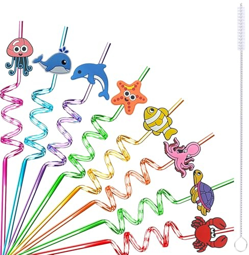 8 Pcs Party Curly Straws Reusable Drinking Straw with Stainless Steel Straw Cleaning Brush Plastic Novelty Cartoon Theme Spiral Straws for Adults Boys Girls Birthday Party Decoration (Marine Animals)