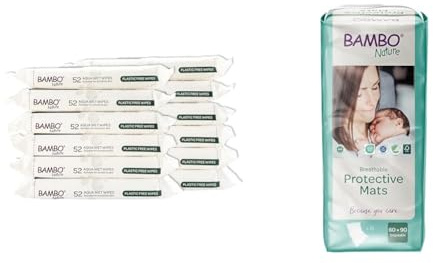 Bambo Nature Aqua Wet Wipes, 12 Packs (624 Wipes), 99% Water, Sensitive Skin Safe, Extra Soft, Fragrance Free + Disposable Changing Mats, Size 60 x 90cm, Pack of 10, Absorbency of 2100ml