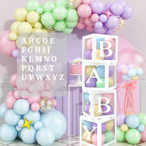 Caja de globos para decoración de baby shower, 4 unidades de globos transparentes con 30 letras (BABY+A-Z), caja de globos blancos transparentes, decoración para baby shower, fiesta de género