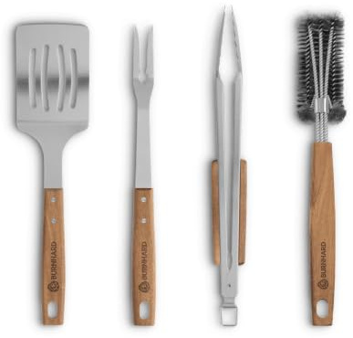 BURNHARD® Grillbesteck-Set 4-TLG. Akazienholz & Edelstahl, Grillzange 42cm | Grillzubehör mit Grillzange, Grillwender, Fleischgabel und Grillbürste mit extra-langen Holzgriffen und Aufhänge-Ösen