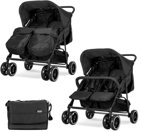 Lorelli Zwillingskinderwagen, Twin Zwillingsbuggy klappbar für 2 Kinder, Leicht, Kompakter Zwillingswagen, Geschwister Kinderwagen mit Einhand-Klappsystem, Schwarz