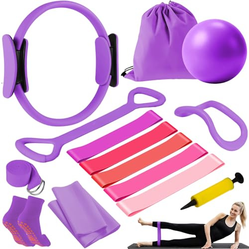 YOOULIT Pilates Set: 13 Stück Pilates Ring Kit mit Pilates Ball, Fitnessbänder, Yoga-Gurt, Socken für Frauen - Pilates Set für Zuhause, Sport Equipment für Kraft, Flexibilität und Figurformung