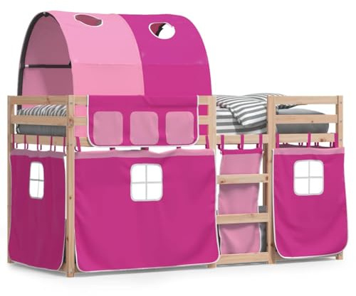 mtlskopl Etagenbett Kiefer massiv Rosa 90x200 cm mit Vorhängen Spielbett Kinderbett Rausfallschutz Leiter inkl. Vorhang-Set für Mädchenzimmer