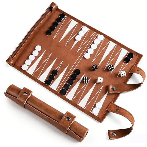 Backgammon Spiel aus Holz - Tragbares Backgammon Reise-Set für Familien & Strategie, Kompakt & Langlebig, In Elegantem Koffer (Braun)