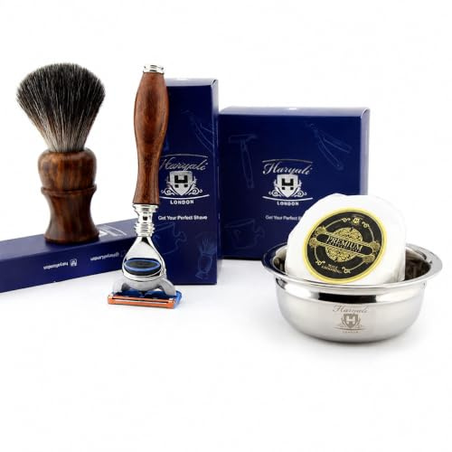 4 PCs Wooden Shaving Set with 5 Edge Razor, Pure Badger Hair Brush, Soap & Bowl