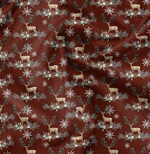 Soimoi Rot Poly Georgette Stoff Hirsch & Blumen- Drucken Nahen Stoff 1 Meter 42 Zoll breit