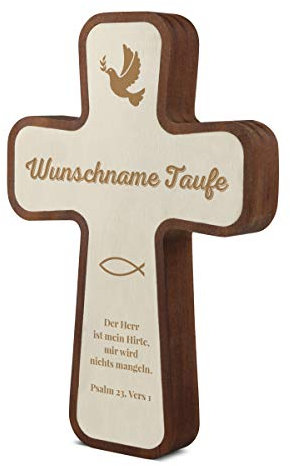 Taufkreuz Kinderkreuz aus langlebigen Kebony- und Pappelholz inkl. individueller Gravur 11x16x2,2cm - Jesus Fisch