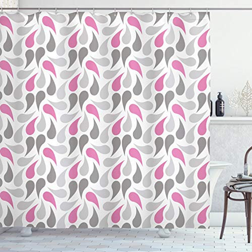 ABAKUHAUS Géométrique Rideau de Douche, Persan Teardrop, Tissu Ensemble de Décor de Salle de Bain avec Crochets, 175 cm x 240 cm, Rose Gris Blanc