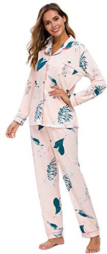 Goso - Pigiama da donna a maniche lunghe, con motivo floreale, per pigiama da notte, morbido set per pigiama da donna 01a#rosa XL