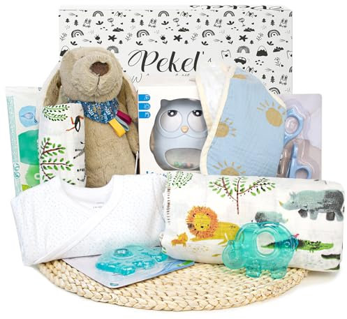 PEKEL'S Geschenkbox für Neugeborene | Newborn Baby Layette | Unisex Baby Basket mit Babydecke, Kleidung, Plüschtier und essentiellem Zubehör | Geschenkset für BabyShower & Geburt (Blau)