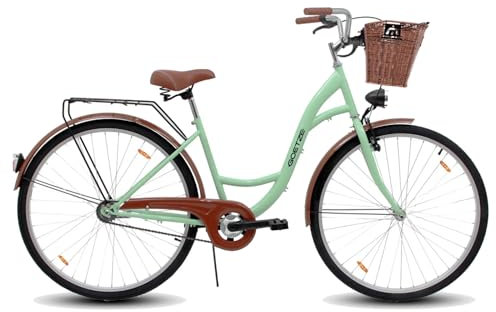 Goetze Eco 28 Zoll Damen Citybike, Tiefeinsteiger, 1-Gang Rücktrittbremse, LED-Beleuchtung, Gepäckträger, Komfortsattel, Schutzbleche, Stilvoller Rattankorb, Alltagsfahrrad für Stadt & Einkauf!