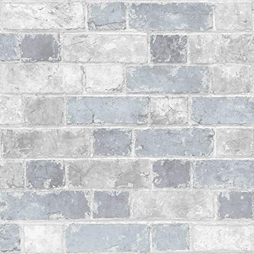 Muriva Brick Wall Effect Stone Wallpaper Bedroom Boys Girl (Blue, Grey)