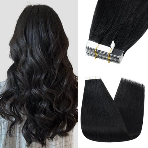 Silk-co Tape Extensions Echthaar 10stk, Remy Tape in Extensions Haarverlängerung, Skin Weft Echthaar Haarextensions Tape Kleber 25g, 01# Rabenschwarz 60cm
