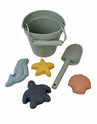Doralie Sandspielzeug Set aus Silikon für Kinder (6 TLG.) / Strandspielzeug Set für Jungen und Mädchen/Gartenspielzeug/Sandeimer und Sandförmchen/Sandkastenspielzeug