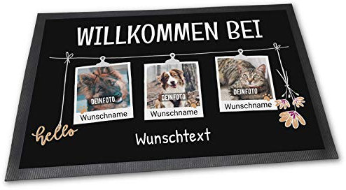 PfotenSchild Fußmatte mit Spruch - Willkommen bei - mit Wunschfotos und Wunschnamen der Haustiere - Geschenkidee für Haustierbesitzer - DREI Tiere - 60 x 40 cm