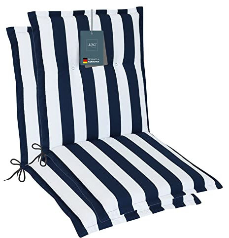 LILENO HOME Gartenstuhl Auflagen als [2er Set - Niedriglehner] in Blockstreifen Blau - Bequeme Liegen als Sitzauflagen für Gartenmöbel - Stuhlkissen für Gartenstühle und Klappstühle