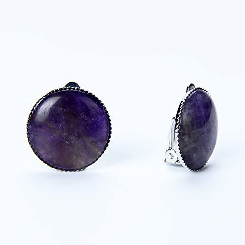 Frauen Mädchen Ohrclips Sommer Schmuck Runde Naturstein Kristall Perlen Ohrclips Für Keine Durchbohrten Lochohren,Amethyst