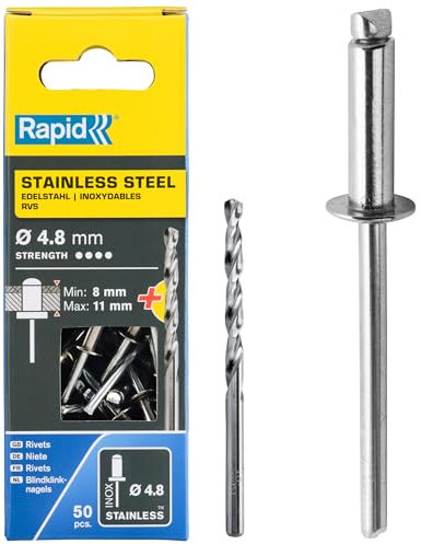 Rapid Scatola da 50 Rivetti in Acciaio Inossidabile da Ø4.8 x 14 mm, Adatti a Fissare Parafanghi, Coperture in Metallo e Plastica, Segnaletica e Lamiere, Include una Punta per il Trapano (5001461)