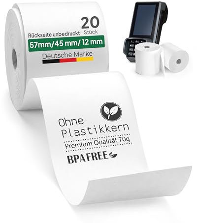 coreless - 20 Thermorollen ohne Plastikkern - Rolle aus Thermopapier - Verschiedene Maße (20 Stück - 57mm x 45mm x 12 mm)