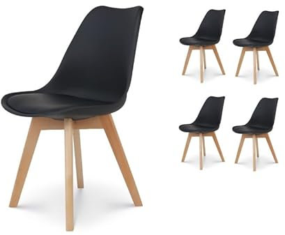 Kosmi - Lot de 4 Chaises Noires Style scandinave modèle Victoire avec Coque en résine Noire Rembourrée et Pieds en Bois Naturel